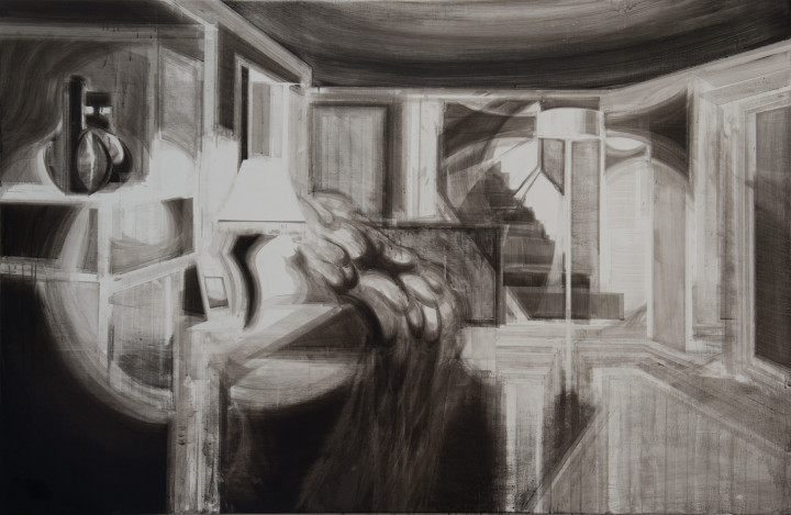 Stefan Serneels De lampekap II, 2018, gewassen oostindische inkt op hout, 115 x 175 cm foto ©Patrick Van Vlerken